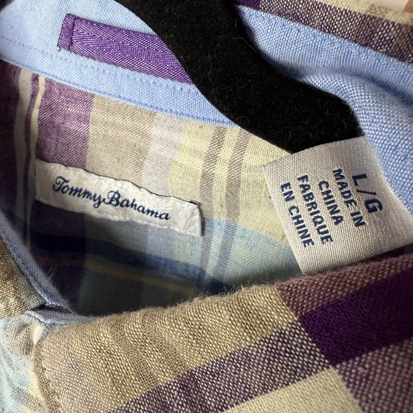 Tommy Bahama Linen Blend Shirt Men's Size Large Purple Beige Plaid Short Sleeve - Picture 5 of 7